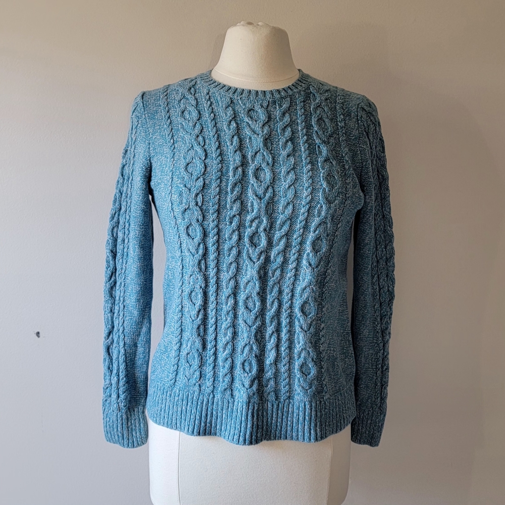 LL BEAN Mp Turquoise Blue Grey Marled Cable Knit Crew Neck Pullover Sweater